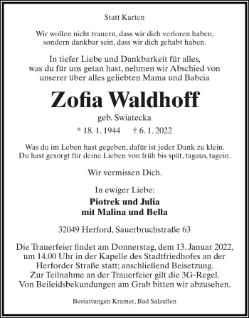Anzeige  Zofia Waldhoff  Lippische Landes-Zeitung
