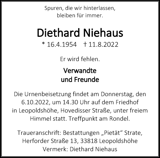 Anzeige  Diethard Niehaus  Lippische Landes-Zeitung