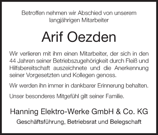 Anzeige  Arif Oezden   Lippische Landes-Zeitung