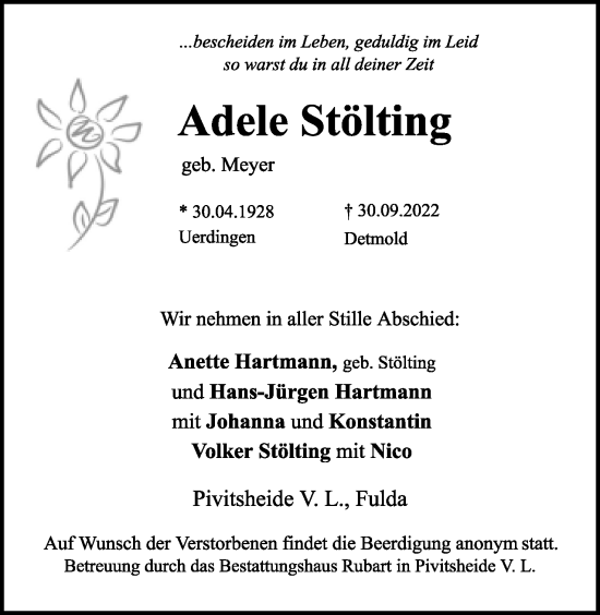 Anzeige  Adele Stölting  Lippische Landes-Zeitung