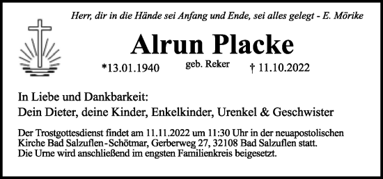 Anzeige  Alrun Placke  Lippische Landes-Zeitung