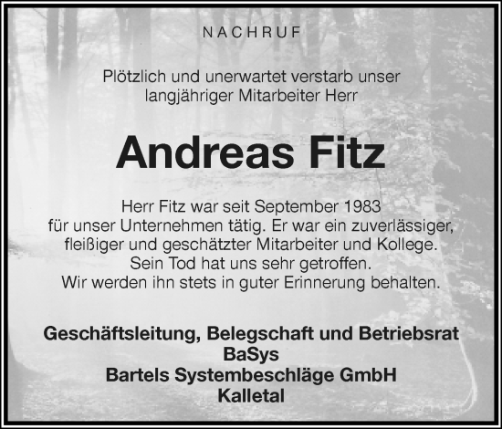 Anzeige  Andreas Fitz  Lippische Landes-Zeitung
