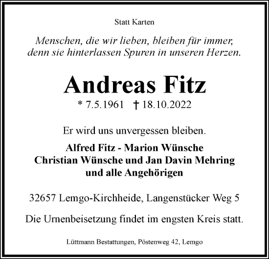 Anzeige  Andreas Fitz  Lippische Landes-Zeitung