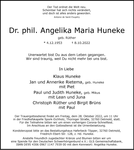 Anzeige  Angelika Maria Huneke  Lippische Landes-Zeitung