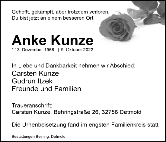 Anzeige  Anke Kunze  Lippische Landes-Zeitung
