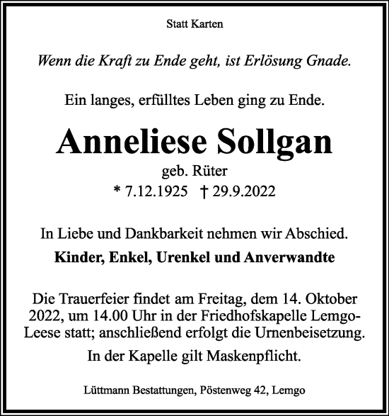 Anzeige  Anneliese Sollgan  Lippische Landes-Zeitung