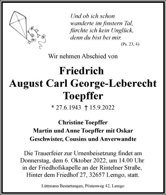 Anzeige  Friedrich August Carl George-Leberecht Toepffer  Lippische Landes-Zeitung