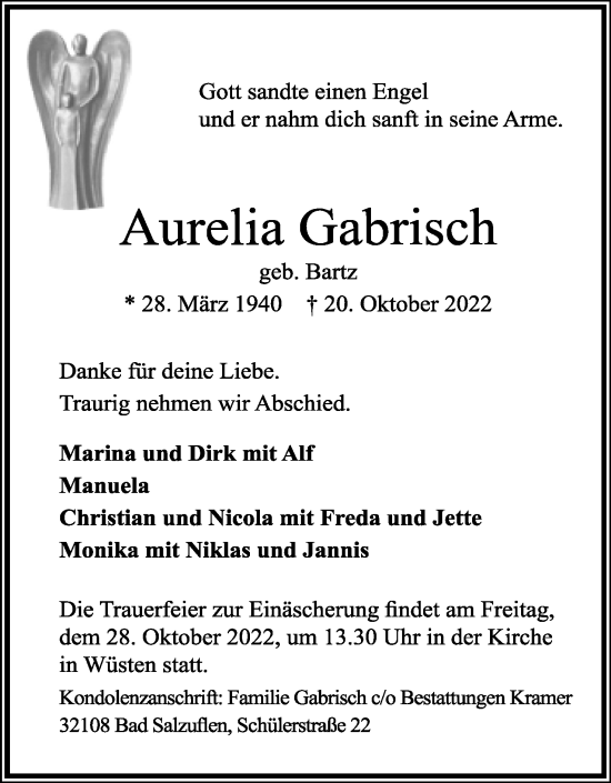 Anzeige  Aurelia Gabrisch  Lippische Landes-Zeitung