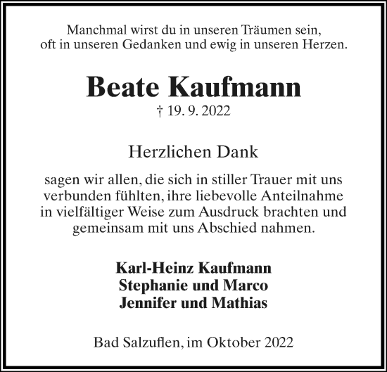 Anzeige  Beate Kaufmann  Lippische Landes-Zeitung