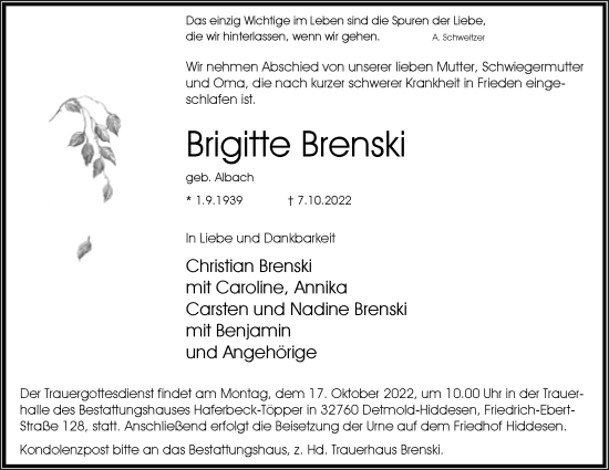 Anzeige  Brigitte Brenski  Lippische Landes-Zeitung