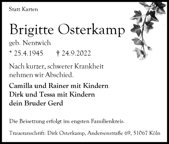 Anzeige  Brigitte Osterkamp  Lippische Landes-Zeitung