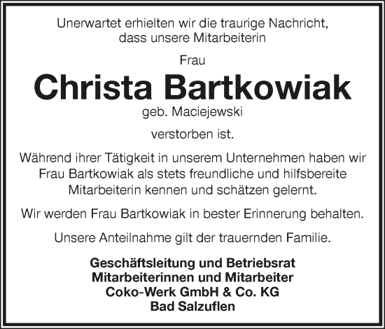 Anzeige  Christa Bartkowiak  Lippische Landes-Zeitung