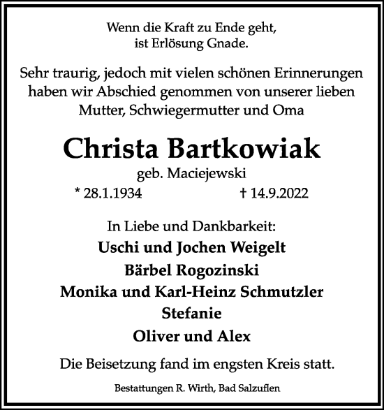 Anzeige  Christa Bartkowiak  Lippische Landes-Zeitung