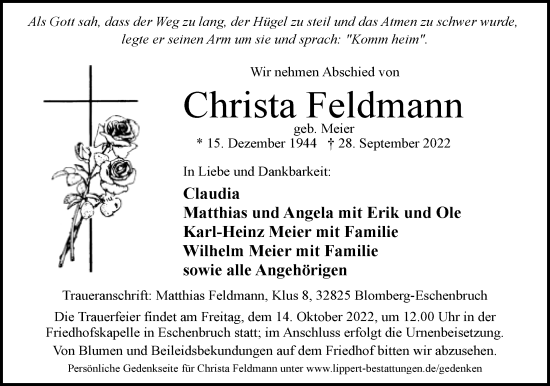 Anzeige  Christa Feldmann  Lippische Landes-Zeitung