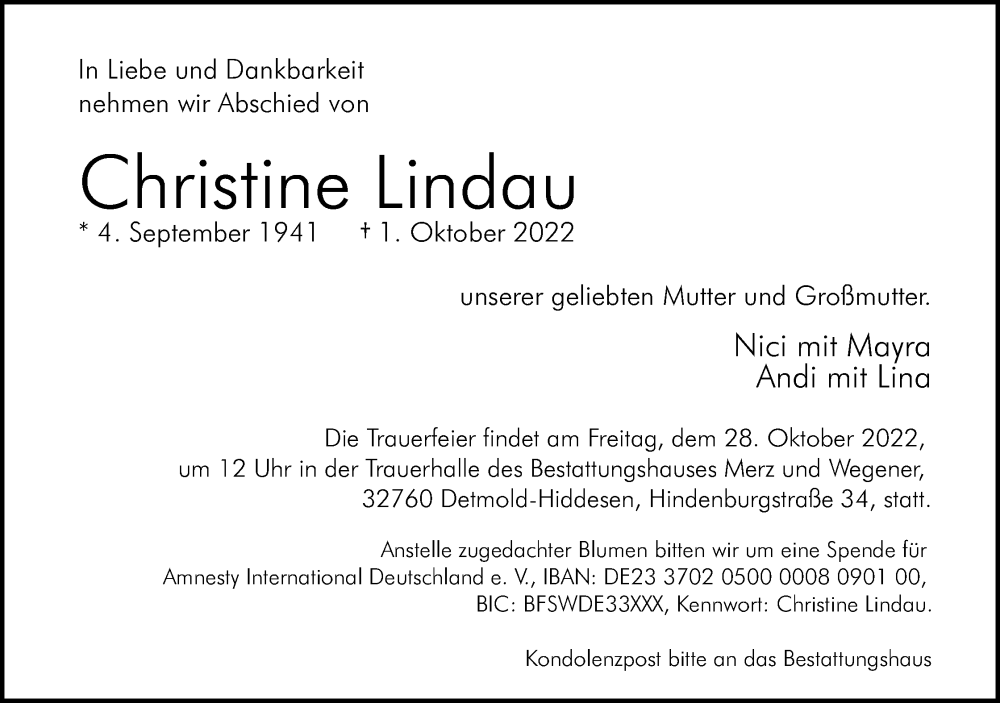  Traueranzeige für Christine Lindau vom 08.10.2022 aus Lippische Landes-Zeitung