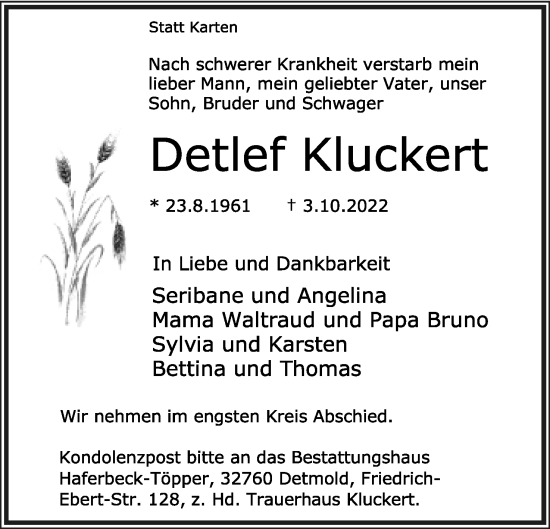 Anzeige  Detlef Kluckert  Lippische Landes-Zeitung