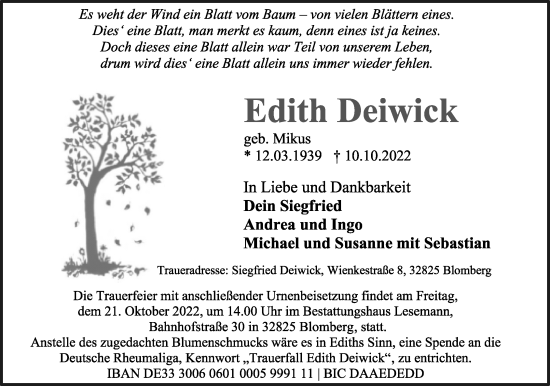 Anzeige  Edith Deiwick  Lippische Landes-Zeitung