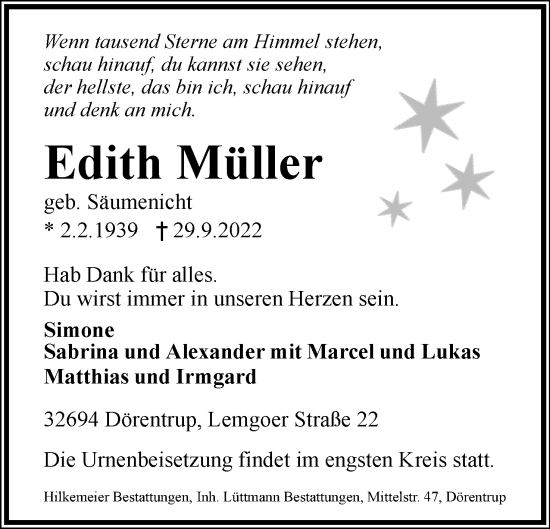 Anzeige  Edith Müller  Lippische Landes-Zeitung