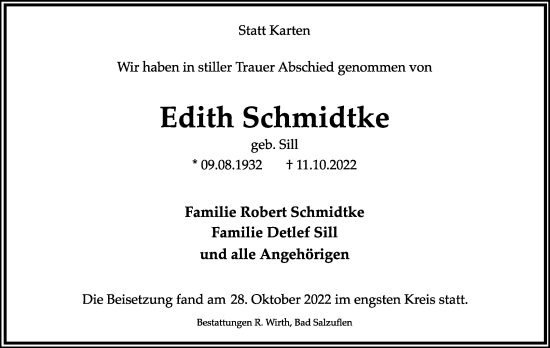 Anzeige  Edith Schmidtke  Lippische Landes-Zeitung