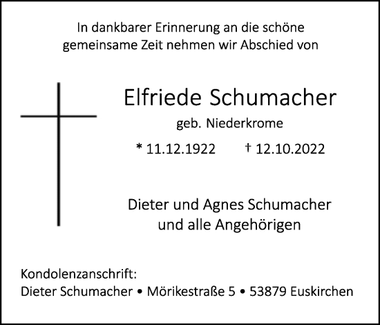 Anzeige  Elfriede Schumacher  Lippische Landes-Zeitung