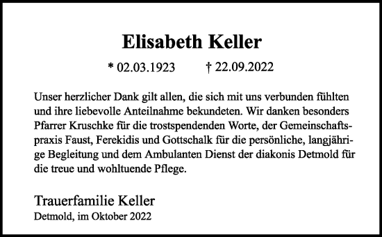 Anzeige  Elisabeth Keller  Lippische Landes-Zeitung