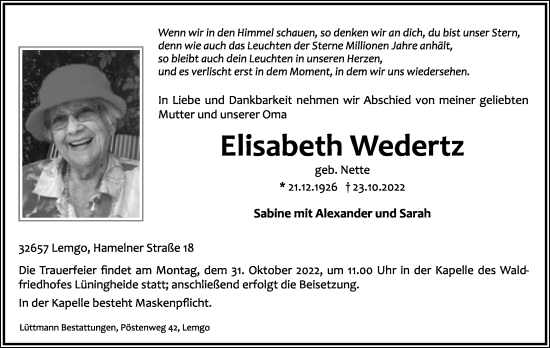 Anzeige  Elisabeth Wedertz  Lippische Landes-Zeitung