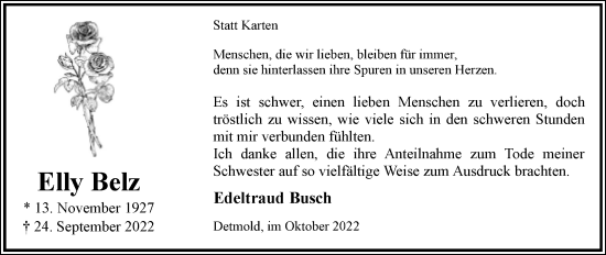 Anzeige  Elly Belz  Lippische Landes-Zeitung