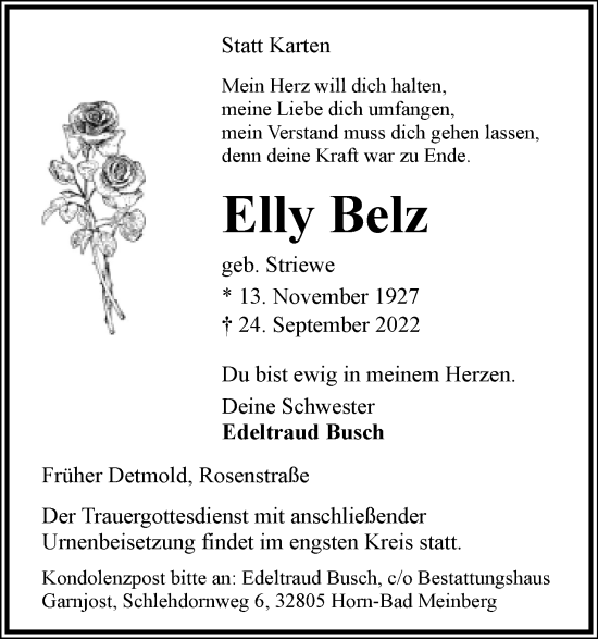 Anzeige  Elly Belz  Lippische Landes-Zeitung