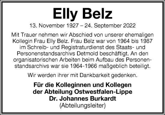 Anzeige  Elly Belz  Lippische Zeitung