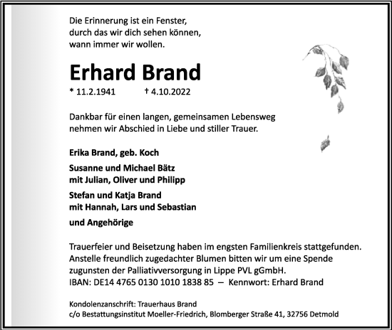 Anzeige  Erhard Brand  Lippische Landes-Zeitung
