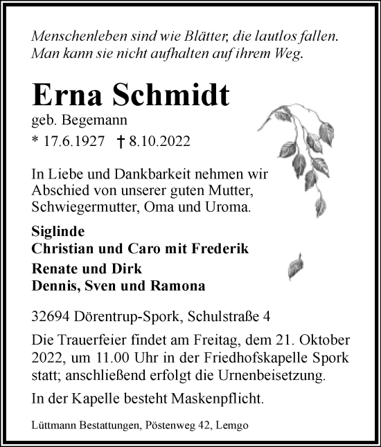 Anzeige  Erna Schmidt  Lippische Landes-Zeitung