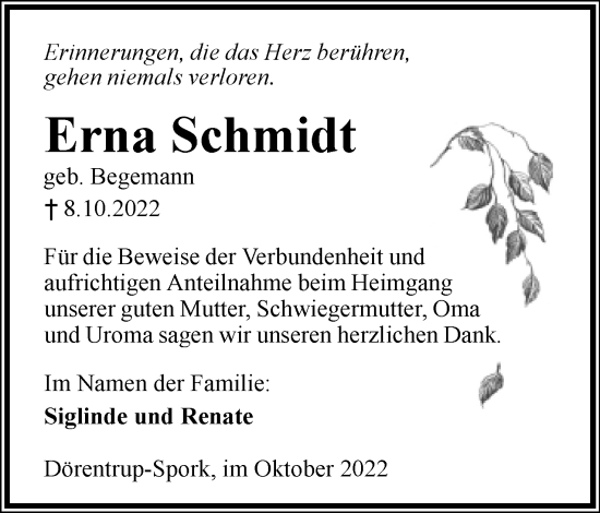 Anzeige  Erna Schmidt  Lippische Landes-Zeitung