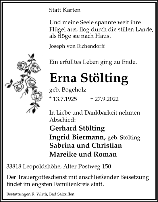 Anzeige  Erna Stölting  Lippische Landes-Zeitung