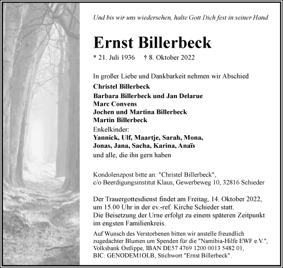 Anzeige  Ernst Billerbeck  Lippische Landes-Zeitung