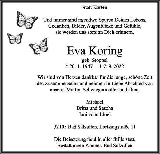 Anzeige  Eva Koring  Lippische Landes-Zeitung