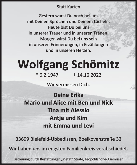 Anzeige  Wolfgang Schömitz   Lippische Landes-Zeitung