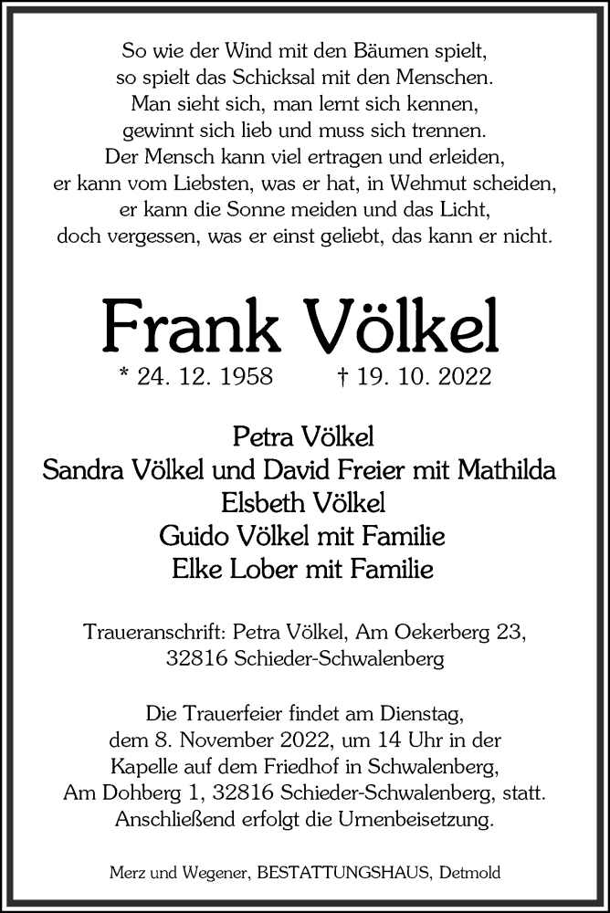  Traueranzeige für Frank Völkel vom 29.10.2022 aus Lippische Landes-Zeitung