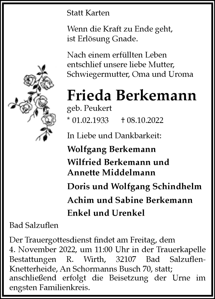  Traueranzeige für Frieda Berkemann vom 22.10.2022 aus Lippische Landes-Zeitung