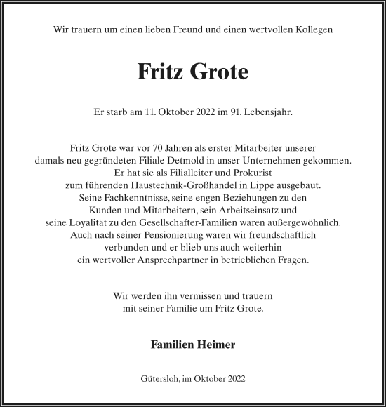Anzeige  Fritz Grote  Lippische Landes-Zeitung