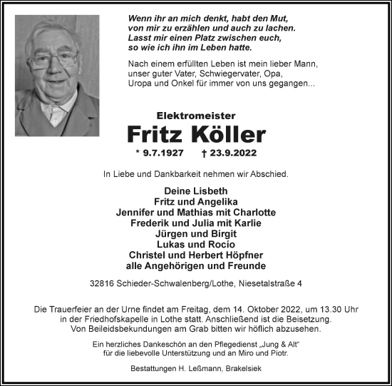 Anzeige  Fritz Köller  Lippische Landes-Zeitung
