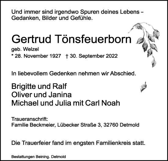 Anzeige  Gertrud Tönsfeuerborn  Lippische Landes-Zeitung