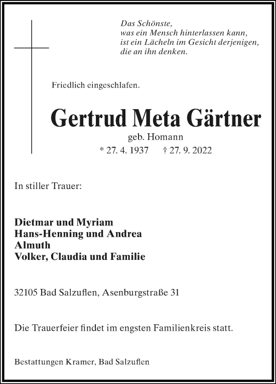 Anzeige  Gertrud Meta Gärtner  Lippische Landes-Zeitung