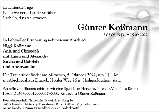 Anzeige  Günter Koßmann  Lippische Landes-Zeitung