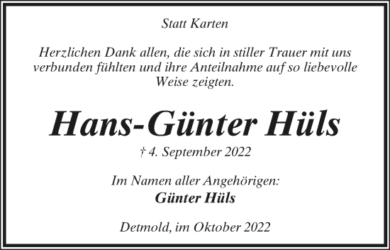 Anzeige  Hans-Günter Hüls  Lippische Landes-Zeitung