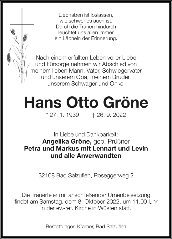 Anzeige  Hans Otto Gröne  Lippische Landes-Zeitung