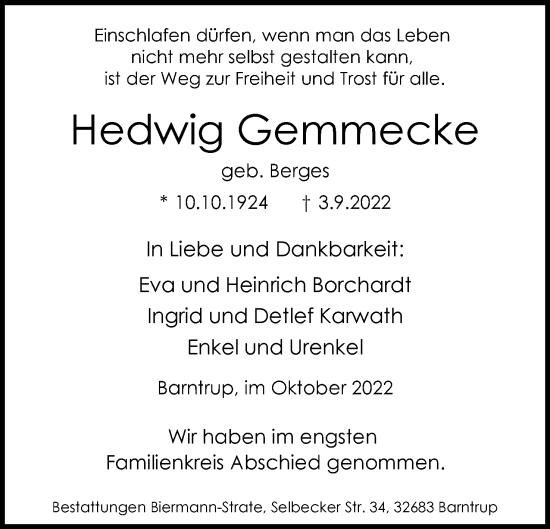 Anzeige  Hedwig Gemmecke  Lippische Landes-Zeitung