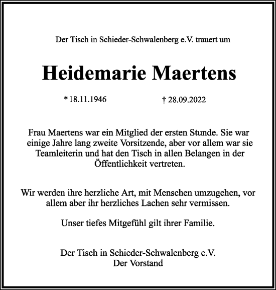 Anzeige  Heidemarie Maertens  Lippische Landes-Zeitung