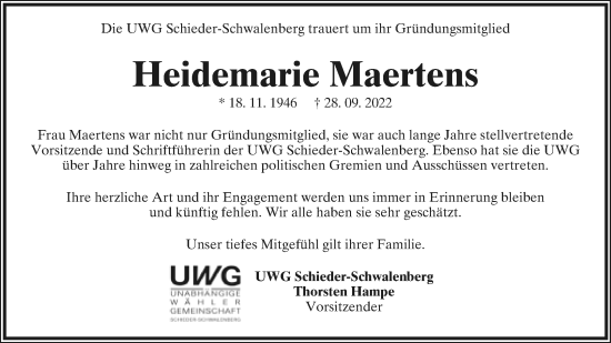 Anzeige  Heidemarie Maertens  Lippische Landes-Zeitung