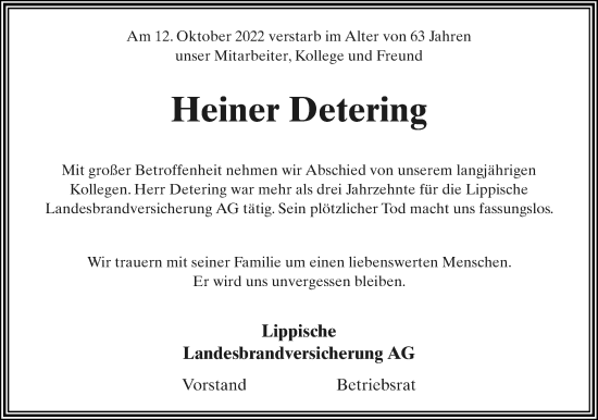 Anzeige  Heiner Detering  Lippische Landes-Zeitung
