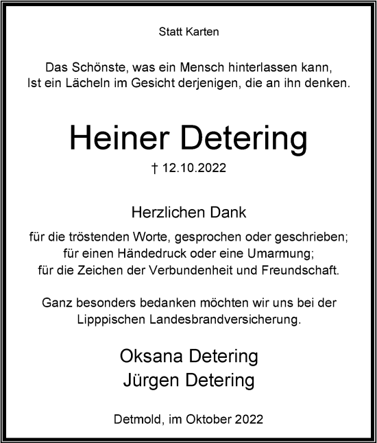 Anzeige  Heiner Detering  Lippische Landes-Zeitung